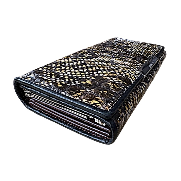 TEMANLI Patent Leather Bifold Wallet Brown Logo Snake Print - Picture 4 of 8